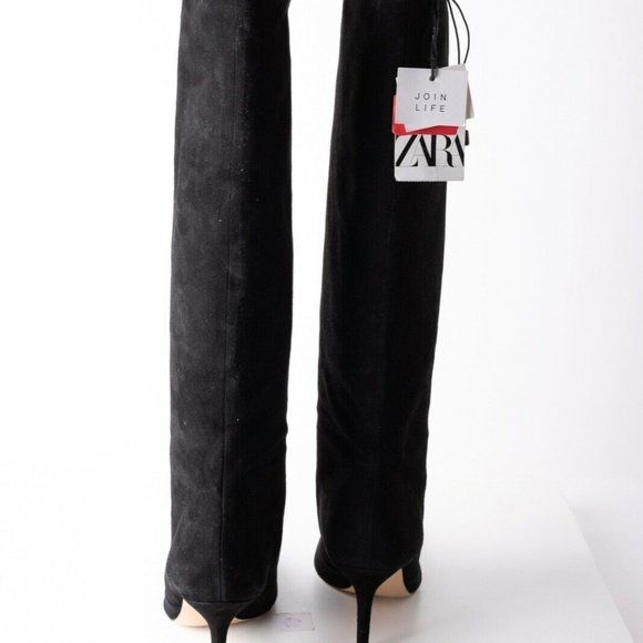 Zara Womens Black Suede Knee High Heeled Boots 10 - Picture 6 of 8